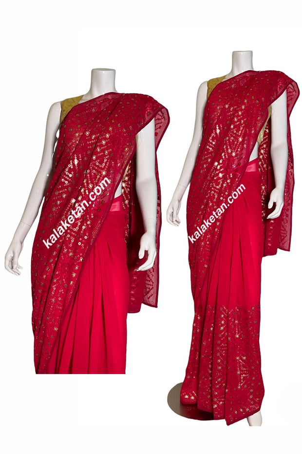 Stunning red georgette sequines saree