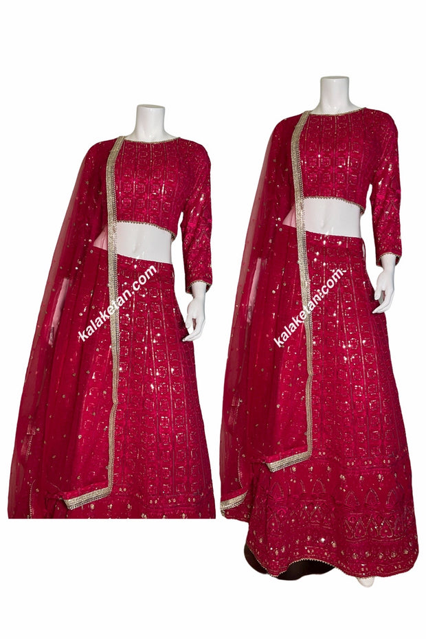 Dark Pink, Sequins, Chikan, Lehenga, Embellished, Traditional Ethnic Elegant, Intricate, Luxurious, Vibrant, Exquisite, Opulent, Handcrafted, Glamorous, Statement, Regal, Embroidery, Fashionable,